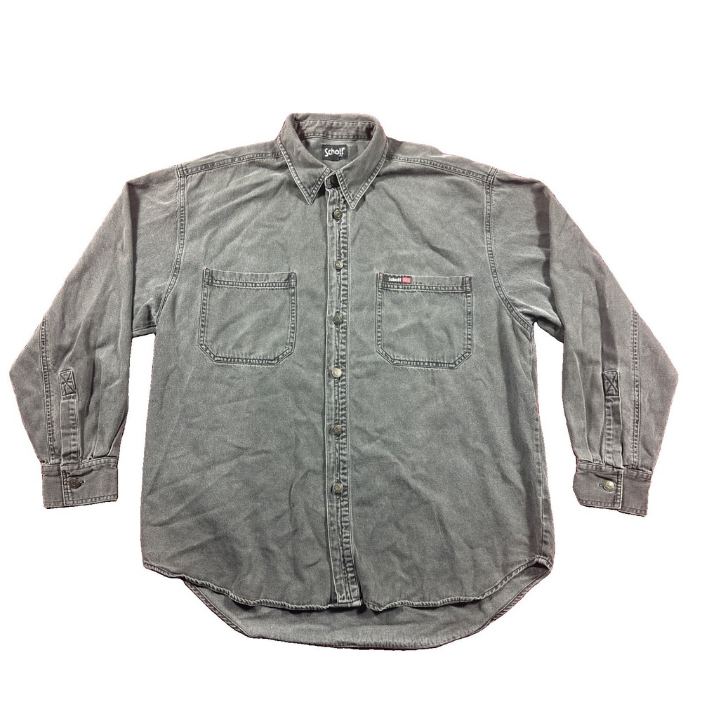 Schott NYC Mens Button Up Large Gray Washed Workwear Heritage Long Sleeve